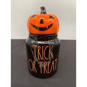 Rae Dunn "Trick or Treat" Pumpkin Head Small Jar Canister Black Orange